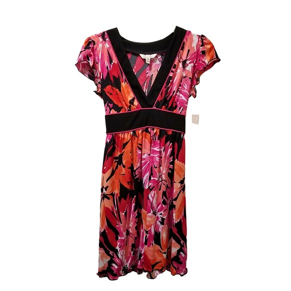 Speechless Pink Orange Black Floral V-Neck Tie Dress Size M - Picture 1 of 4